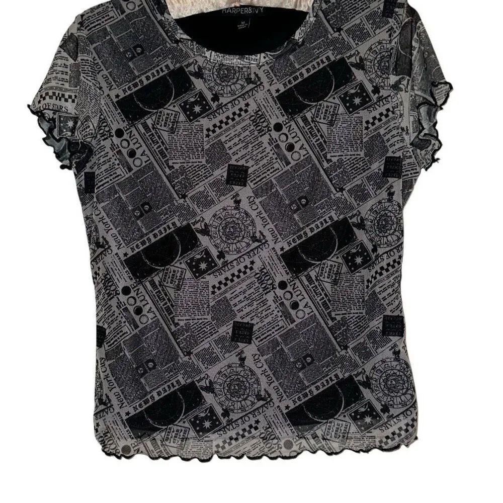 *New* Harper & Ivy Newspaper Graphic Short Sleeve Mesh Baby Tee Ladies Sz Medium